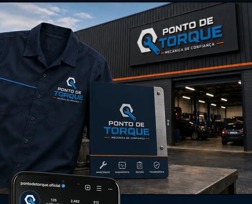 Fachada, uniforme e pasta de serviços da Ponto de Torque